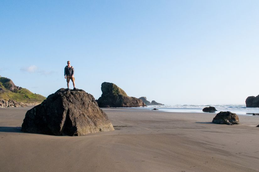 Jenya on a big boulder on the Oregon coast